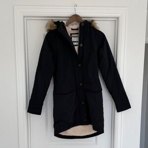 Women’s Navy Blue Hooded Parka Coat with Faux Fur Trim